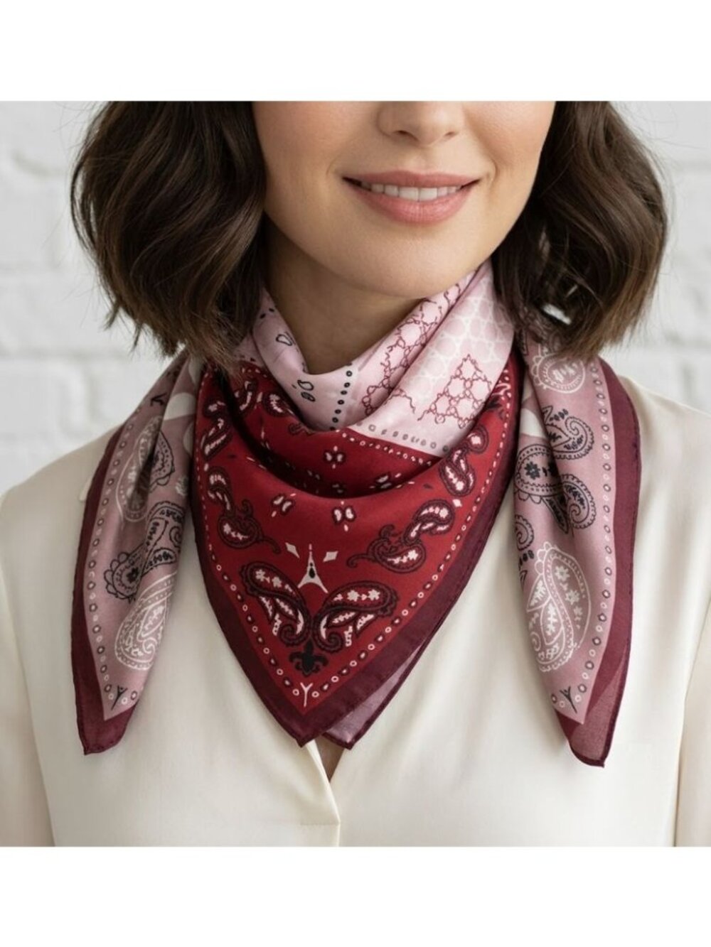 Luxury Silky Square Scarf Bandana Burgundy Geometric Patchwork Vintage Vibes❤️